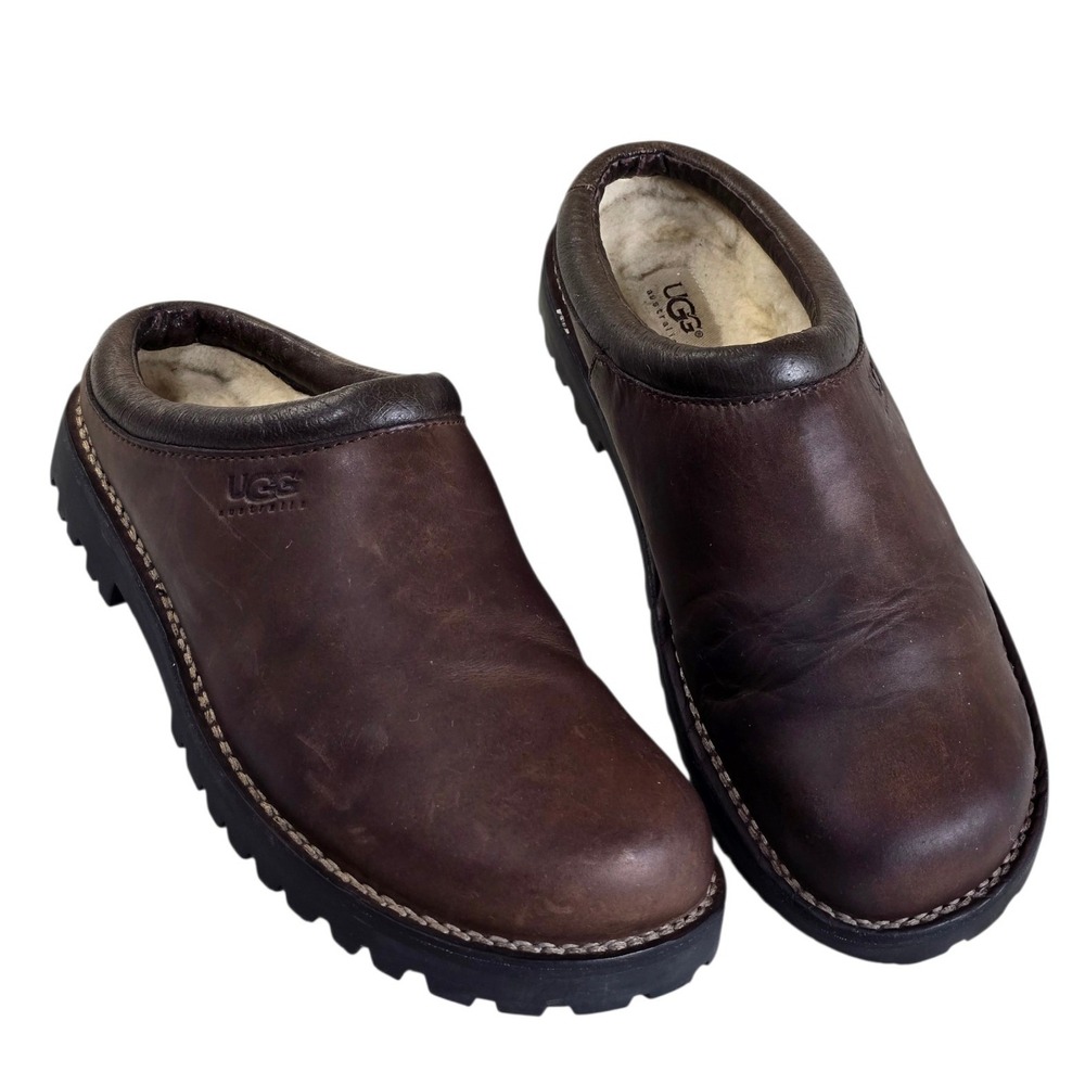 UGG Australia Men Leather Clogs Brown Sheepskin Lined Lug Sole Slip On Shoes 9